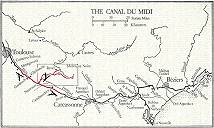 Canal du Midi und sein Speisepunkt (Historische Wikipedia-Karte bearbeitet)