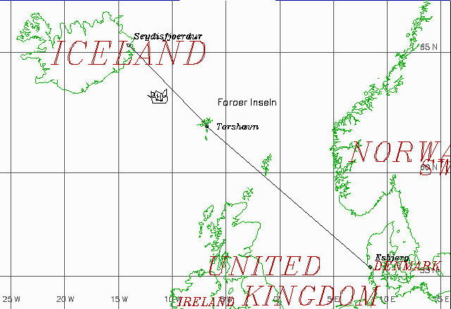 Karte: Fähre von Esbjerg nach Seyðisfjördur ...