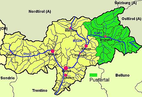 Südtirol mit Bezirksgemeinschaft Pustertal (Grün) (Wikipedia)