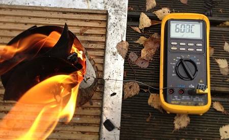 Folienhobo ohne Untergestell, Temp. nach 8 Min. Vollbrand (Stopp der Messung)