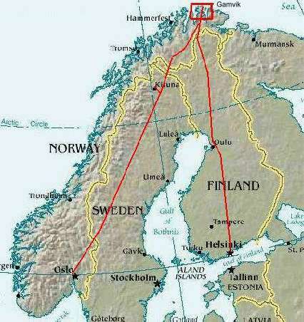 Karte: Reiseroute Skandinavien 2000