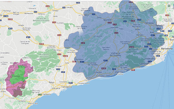 Weingebiete Priorat (grn), Montsant (rosa) und Penedes (blau)